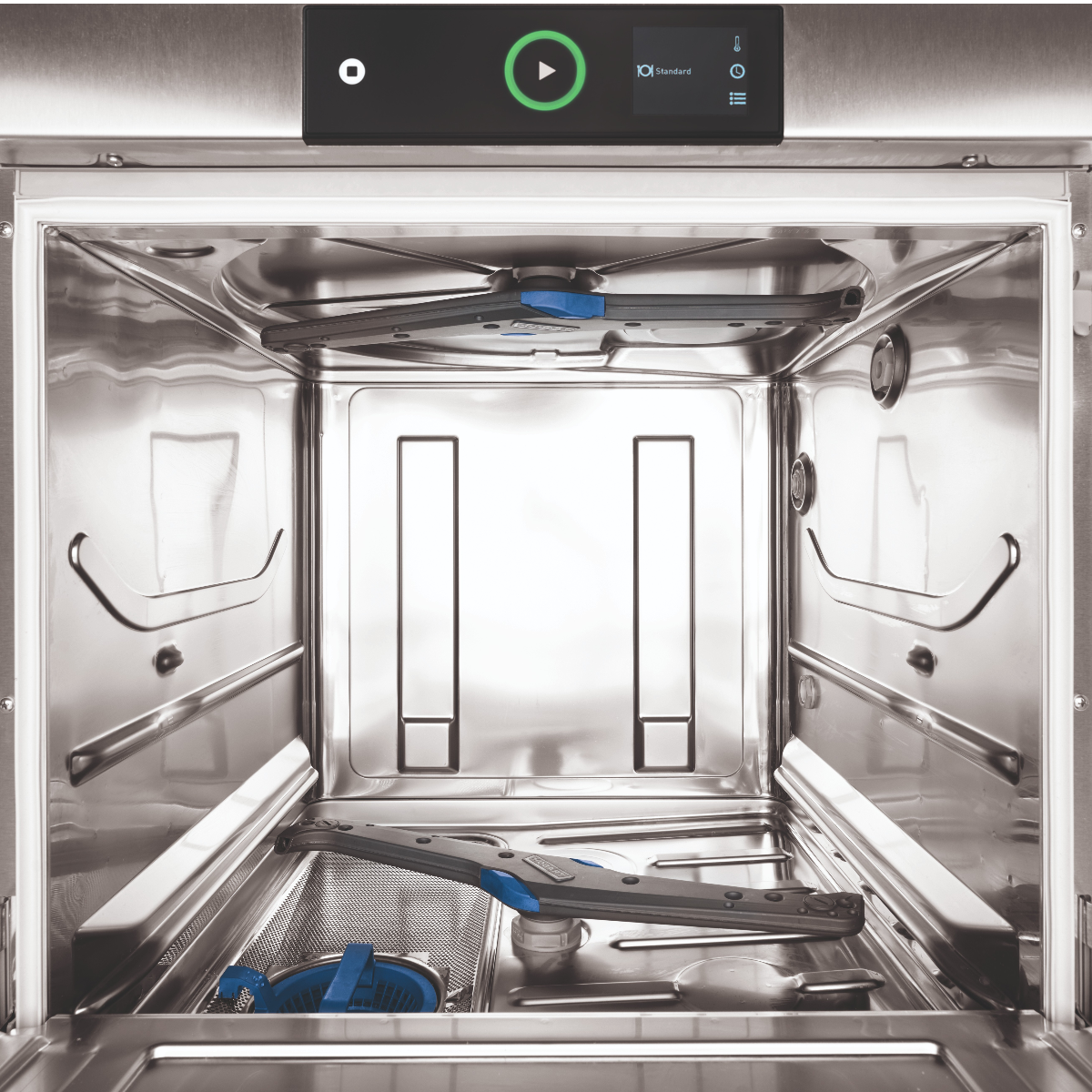 Open stainless steel Hobart Profi FXC Undercounter Dishwasher - 500mm Rack interior with a black control panel visible at the top and blue and gray cleaning brushes inside.