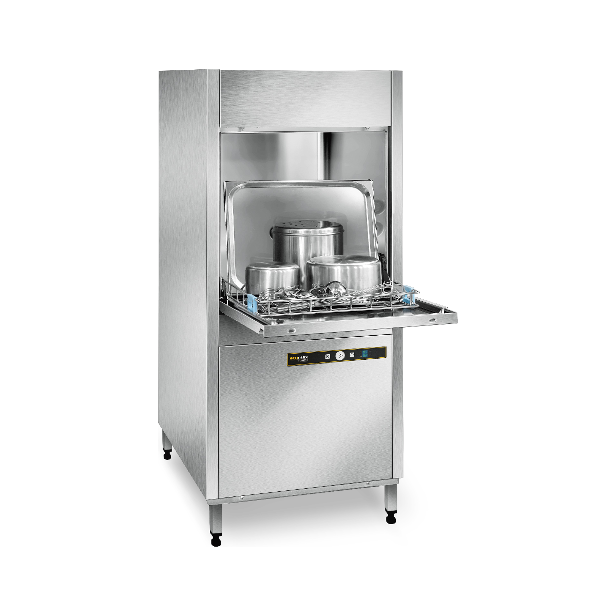 Hobart Ecomax U704 Commercial Utensil Washer with its door open, showing three metal pots inside