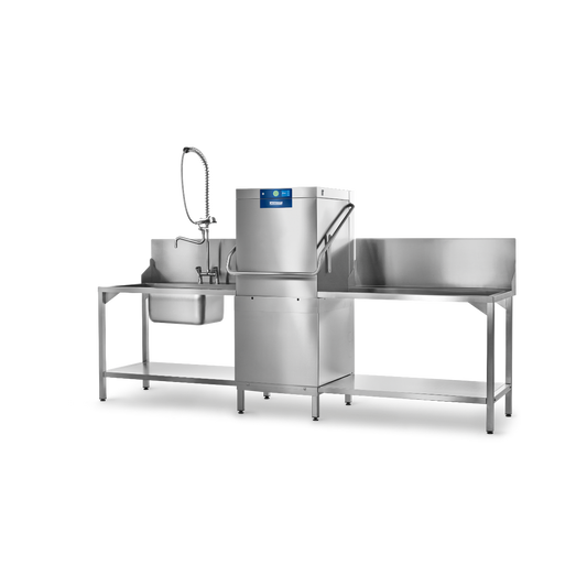 Hobart Profi AMXR Passthrough Dishwasher 500mm Rack | Dishwashers Directwith a sink, flexible faucet, central machine unit, and large sink basin