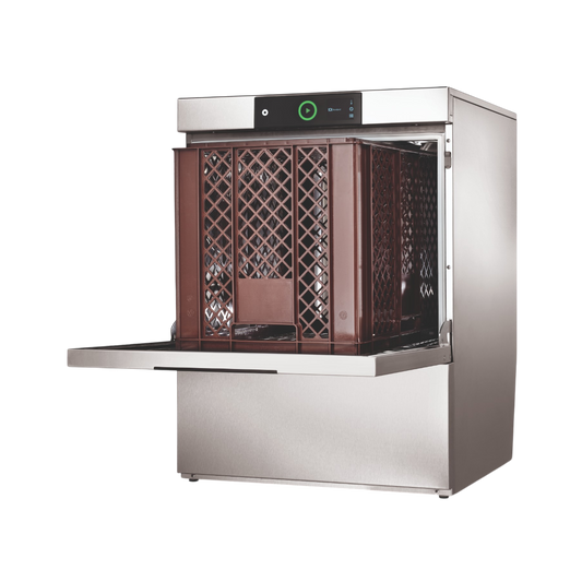 Hobart Profi FXL Undercounter Dishwasher 500mm Rack | Dishwashers Direct with its door open, showing a dark brown interior basket and control panel on a white background.