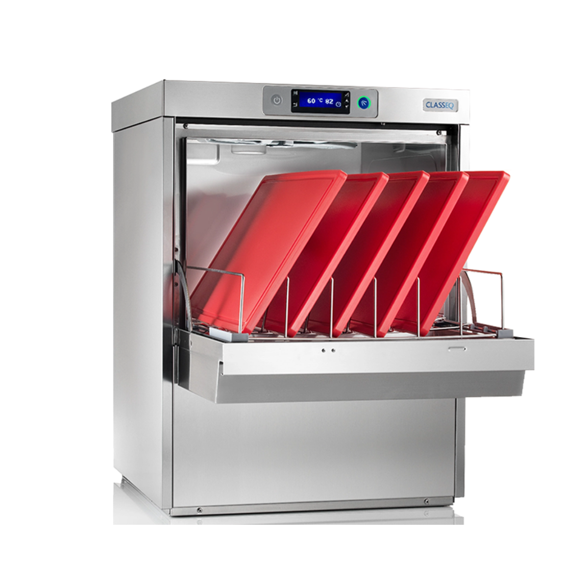 Classeq C500DD Commercial Undercounter Dishwasher – 500mm Rack with red dishes inside on a white background