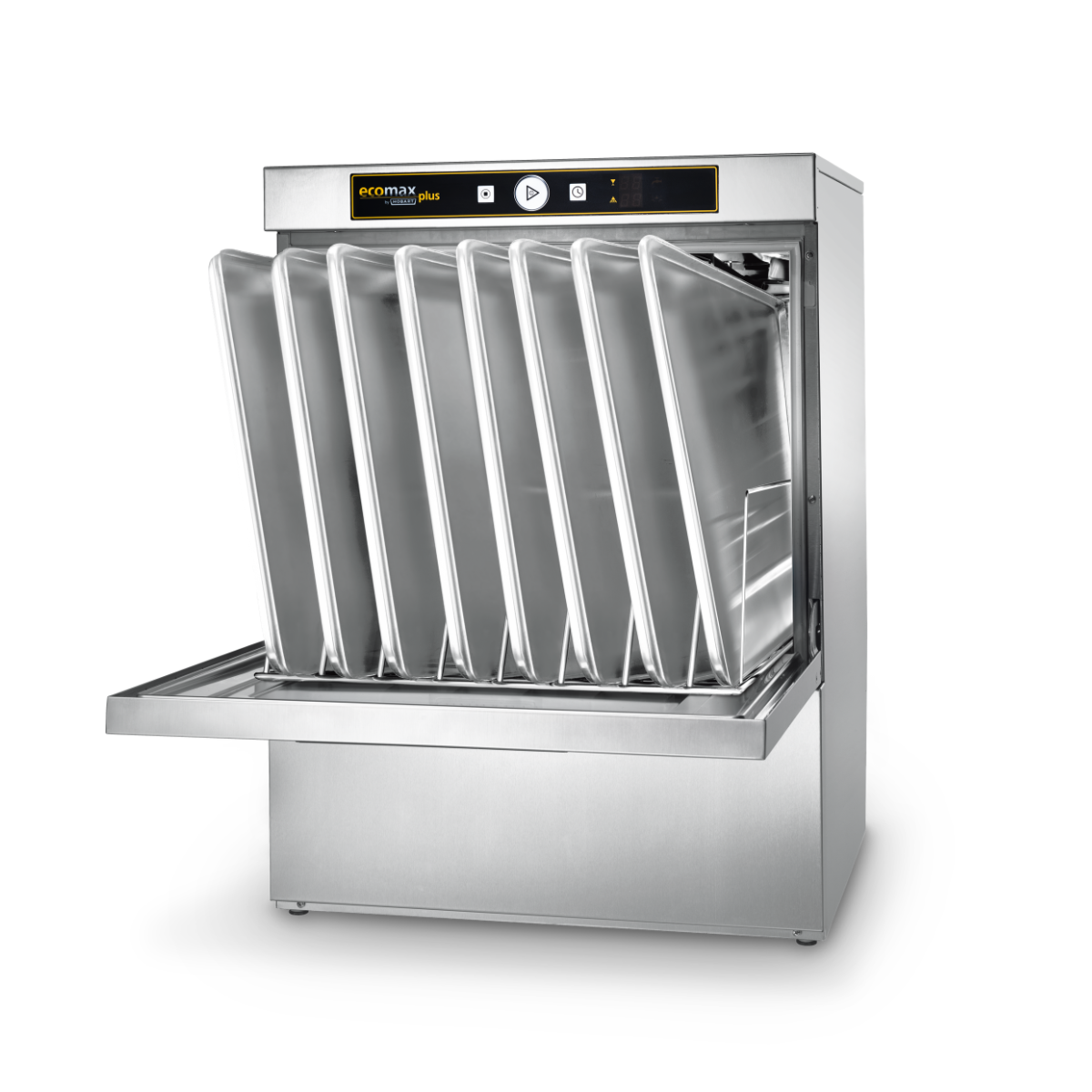 Hobart Ecomax Plus F515L Undercounter Dishwasher - 500mm Rack with six trays pulled out, shown on a clean white background