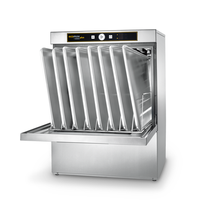 Hobart Ecomax Plus F515L Undercounter Dishwasher - 500mm Rack with six trays pulled out, shown on a clean white background