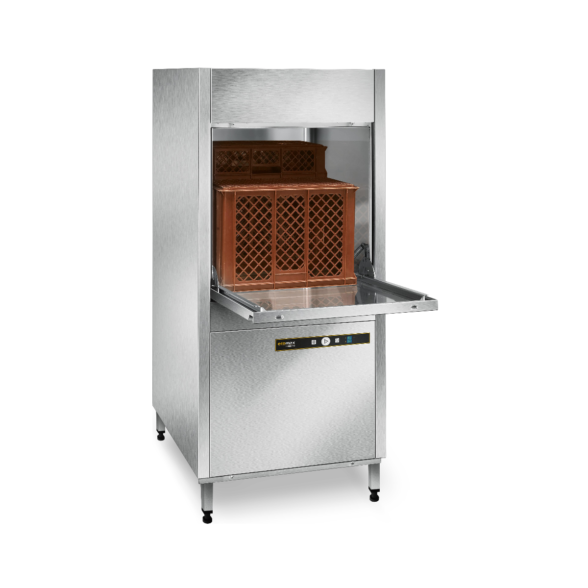 Hobart Ecomax U704 Commercial Utensil Washer with its door open, showing a brown wooden crate inside