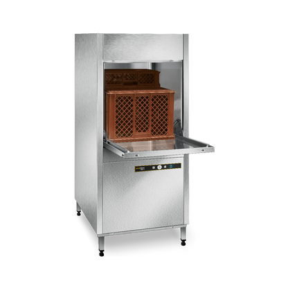 Hobart Ecomax U704 Commercial Utensil Washer with its door open, showing a brown wooden crate inside