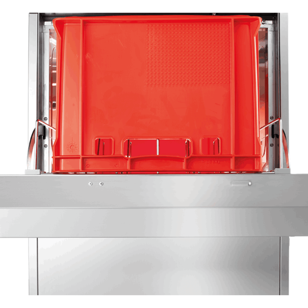 Red plastic container on a metal platform with a white background