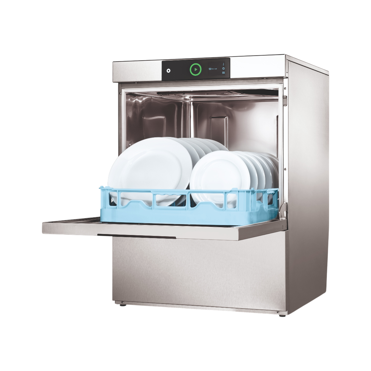 Hobart Profi FXC Undercounter Dishwasher - 500mm Rack with its door open, showing a light blue dish rack filled with white plates