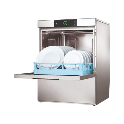 Hobart Profi FXC Undercounter Dishwasher - 500mm Rack with its door open, showing a light blue dish rack filled with white plates