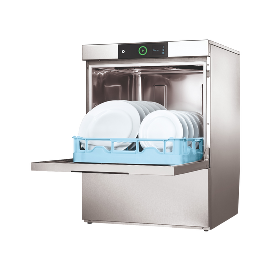 Hobart Profi FXC Undercounter Dishwasher - 500mm Rack with its door open, showing a light blue dish rack filled with white plates