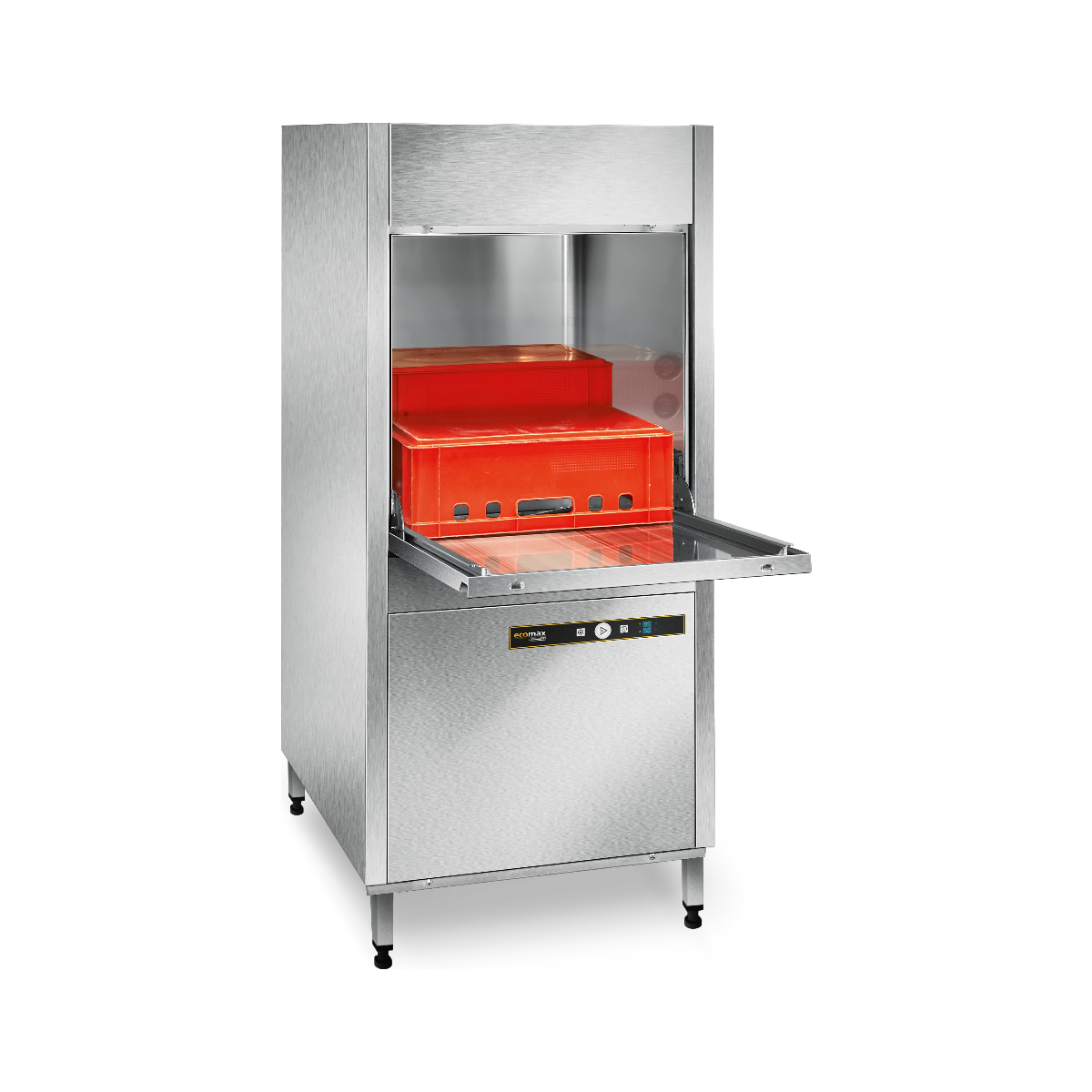 Hobart Ecomax U704 Commercial Utensil Washer with its door open, showing a bright orange-red interior basket or tray compartment