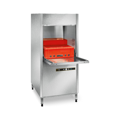 Hobart Ecomax U704 Commercial Utensil Washer with its door open, showing a bright orange-red interior basket or tray compartment