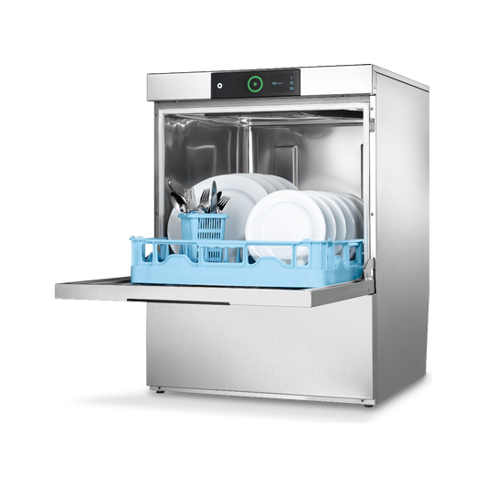 Hobart Profi FXC Undercounter Dishwasher - 500mm Rack with its door open, showing a light blue dish rack filled with white plates and utensils