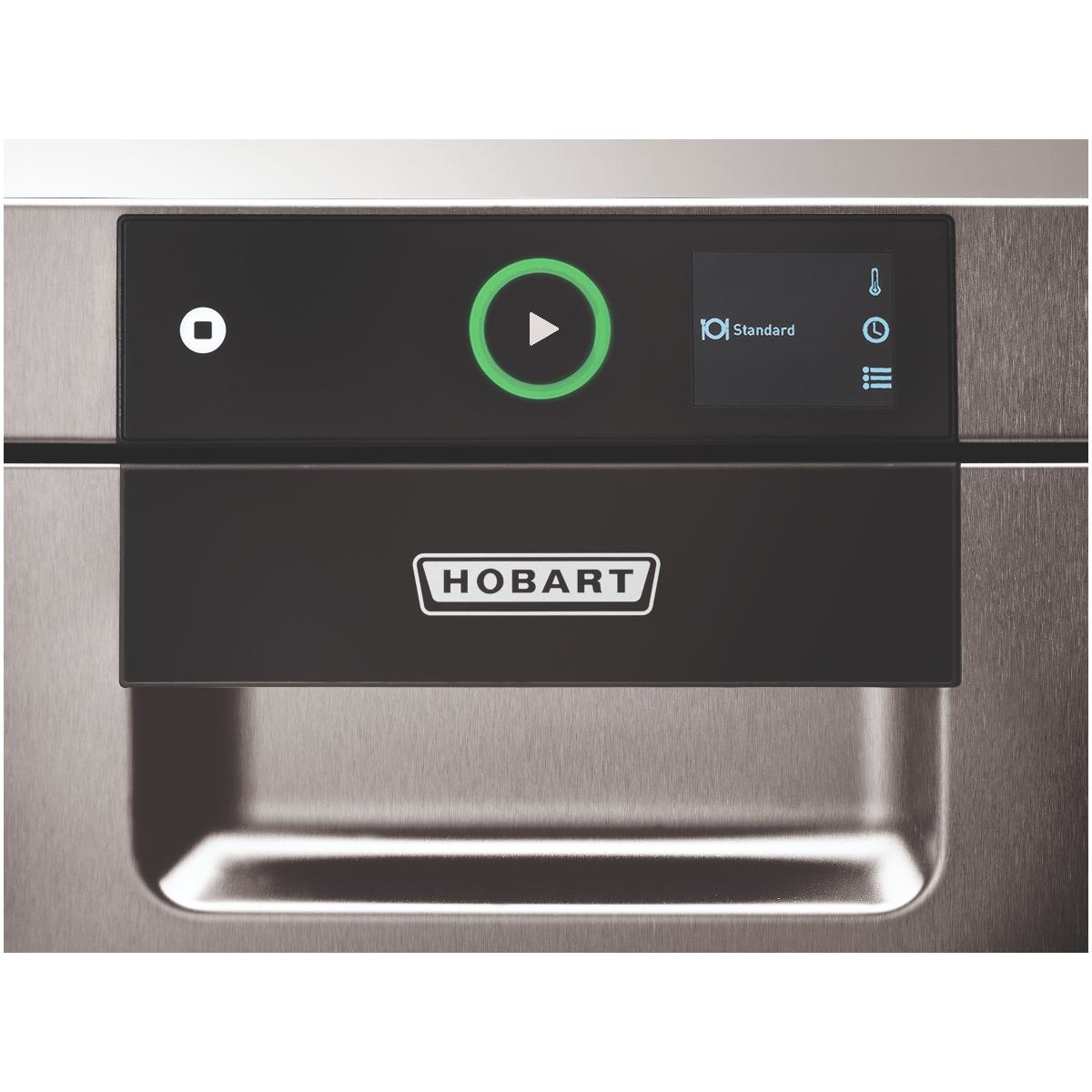 Hobart Profi FXC Undercounter Dishwasher - 500mm Rack control panel on a brushed stainless steel door, with a black display area showing a green play button and the Hobart logo.