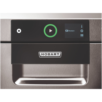 Hobart Profi FXC Undercounter Dishwasher - 500mm Rack control panel on a brushed stainless steel door, with a black display area showing a green play button and the Hobart logo.