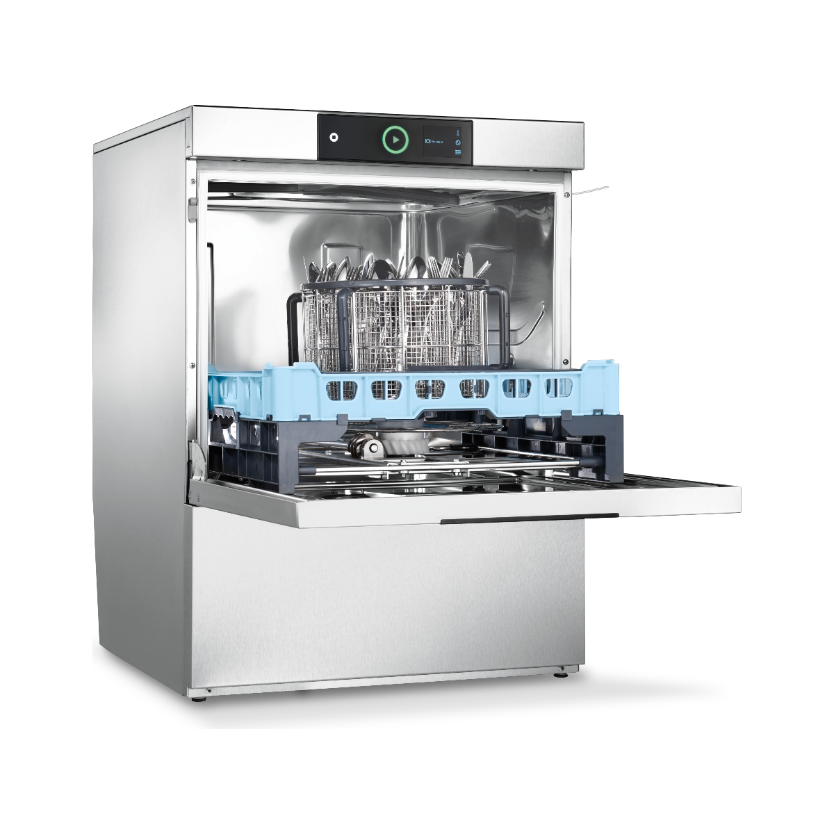 Hobart Profi FXC Undercounter Dishwasher - 500mm Rack with its door open, showing the interior racks, blue plastic trays, and control panel