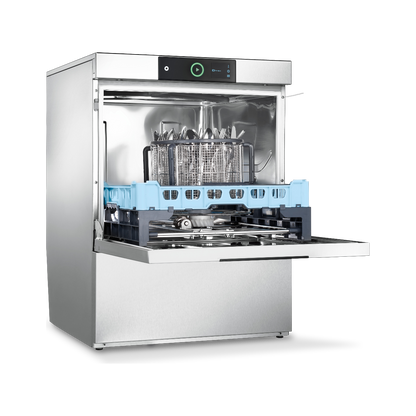Hobart Profi FXC Undercounter Dishwasher - 500mm Rack with its door open, showing the interior racks, blue plastic trays, and control panel
