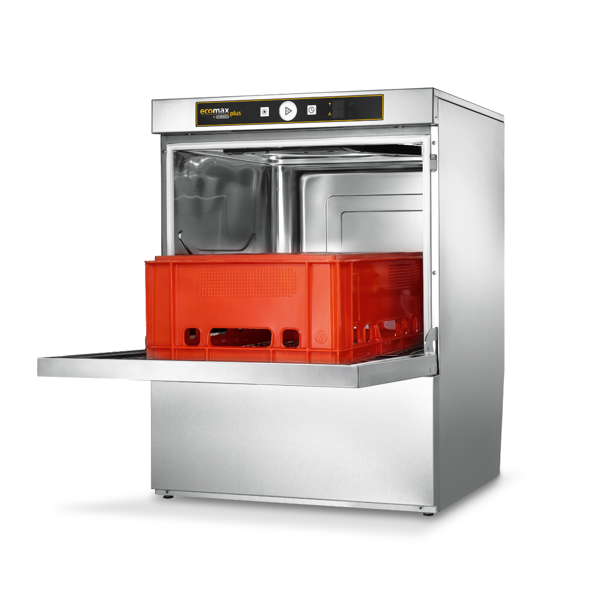 Hobart Ecomax Plus F515L Undercounter Dishwasher - 500mm Rack with its door open, showing a bright red plastic basket inside