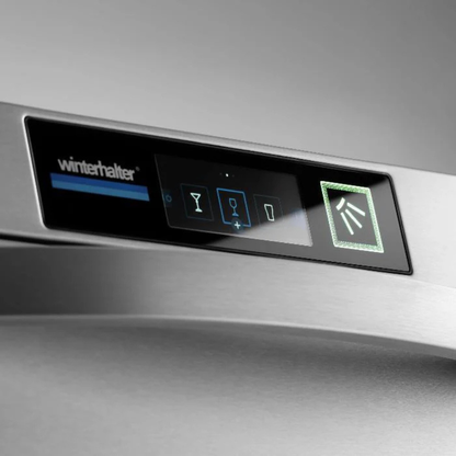 Control panel of a Winterhalter UC-M Energy Underscounter Warewasher - 500mm Rack with icons and brand name.