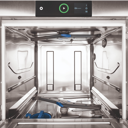 Open stainless steel Hobart Profi FXC Undercounter Dishwasher - 500mm Rack interior with a black control panel visible at the top and blue and gray cleaning brushes inside.