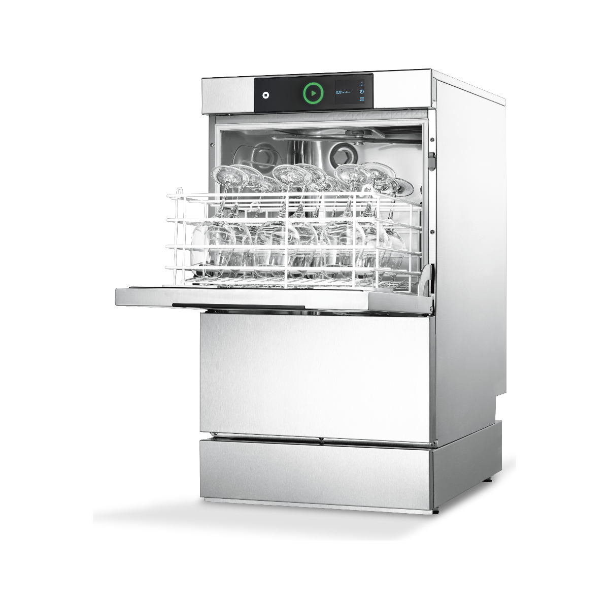 Hobart Profi GCROI-90C Compact Glasswasher - 400mm Rack with the door open, showing two glassware racks loaded with clear drinking glasses.