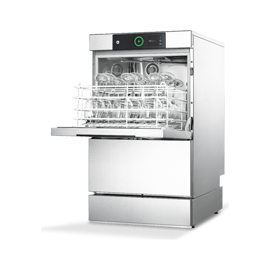 Hobart Profi GCROI-90C Compact Glasswasher - 400mm Rack with the door open, showing two glassware racks loaded with clear drinking glasses.