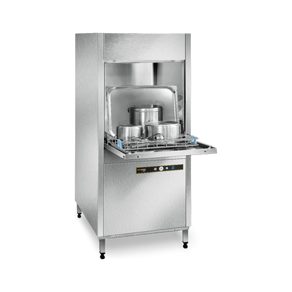 Hobart Ecomax U704 Commercial Utensil Washer with its door open, showing three metal pots inside