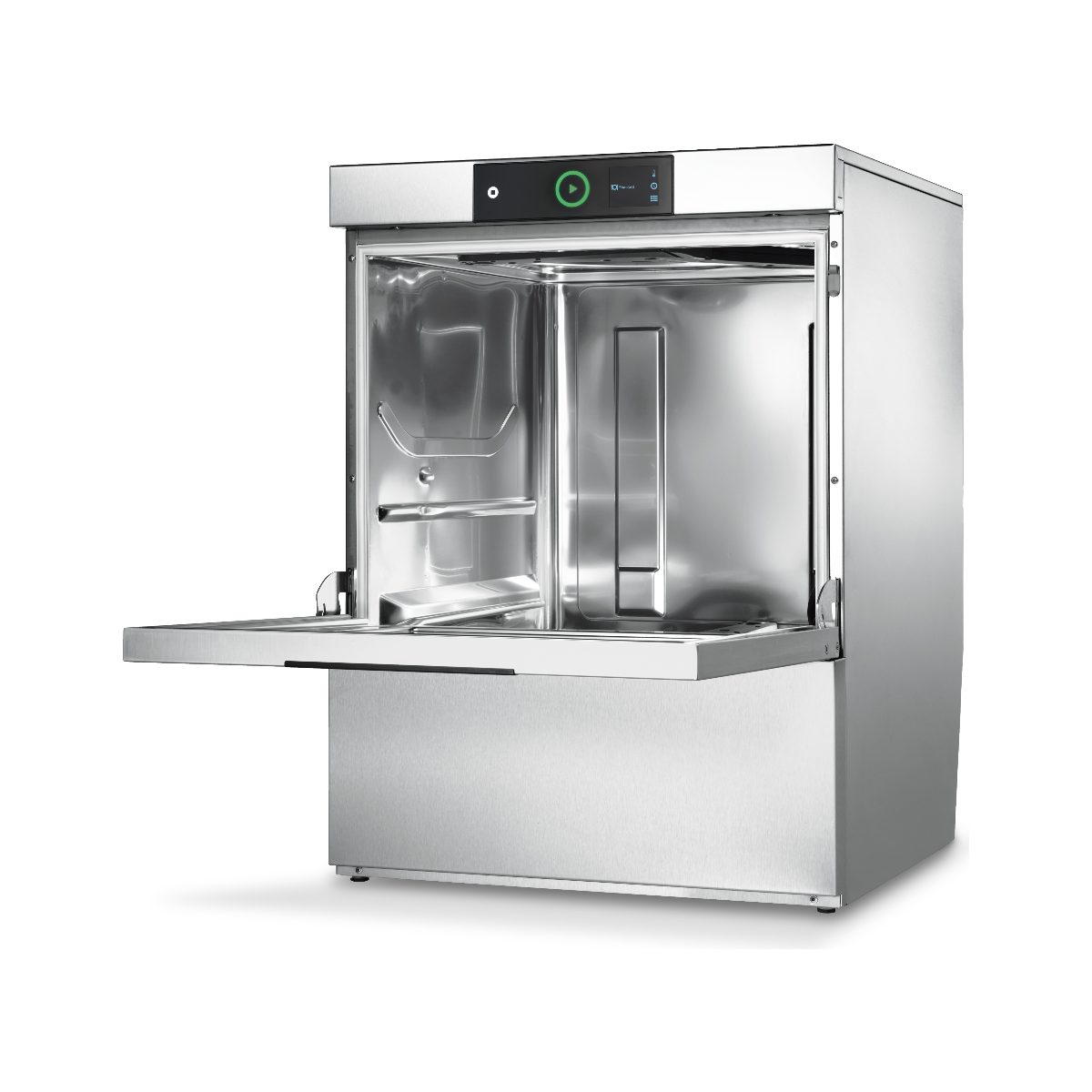 Hobart Profi FXC Undercounter Dishwasher - 500mm Rack with its door open, showing the interior racks and sink area, set against a plain white background.