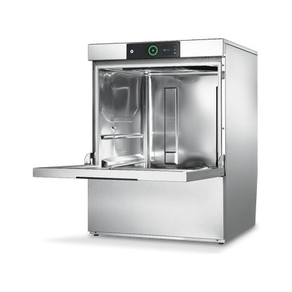 Hobart Profi FXC Undercounter Dishwasher - 500mm Rack with its door open, showing the interior racks and sink area, set against a plain white background.