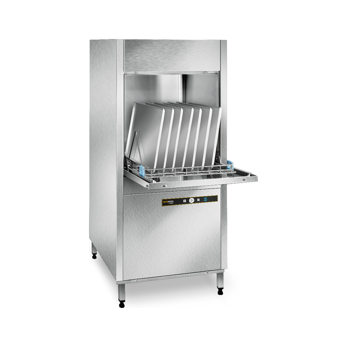 Hobart Ecomax U704 Commercial Utensil Washer with its door open, showing the interior rack and dishes