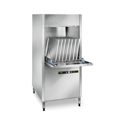 Hobart Ecomax U704 Commercial Utensil Washer with its door open, showing the interior rack and dishes
