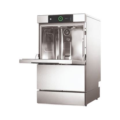 Hobart Profi GCROI-90C Compact Glasswasher - 400mm Rack with its door extended outward.