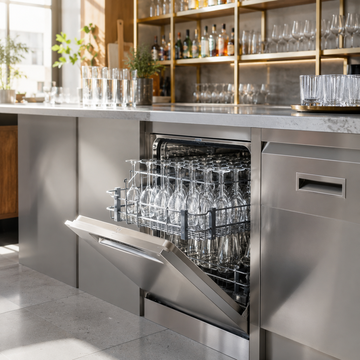 A stainless steel built-in dishwasher with the door open, showing two racks filled with clear glass drinking glasses in a modern kitchen setting.