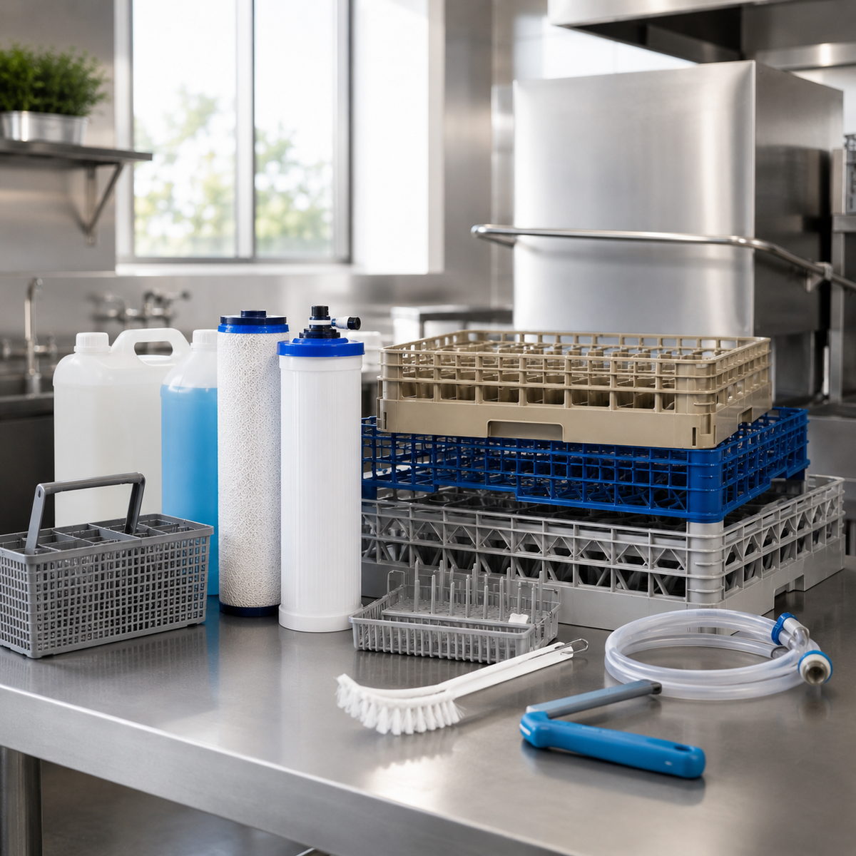 A stainless steel commercial kitchen counter displaying a complete dishwasher filter and cleaning kit, including replacement filters, plastic baskets, a brush, and a blue-handled tool.