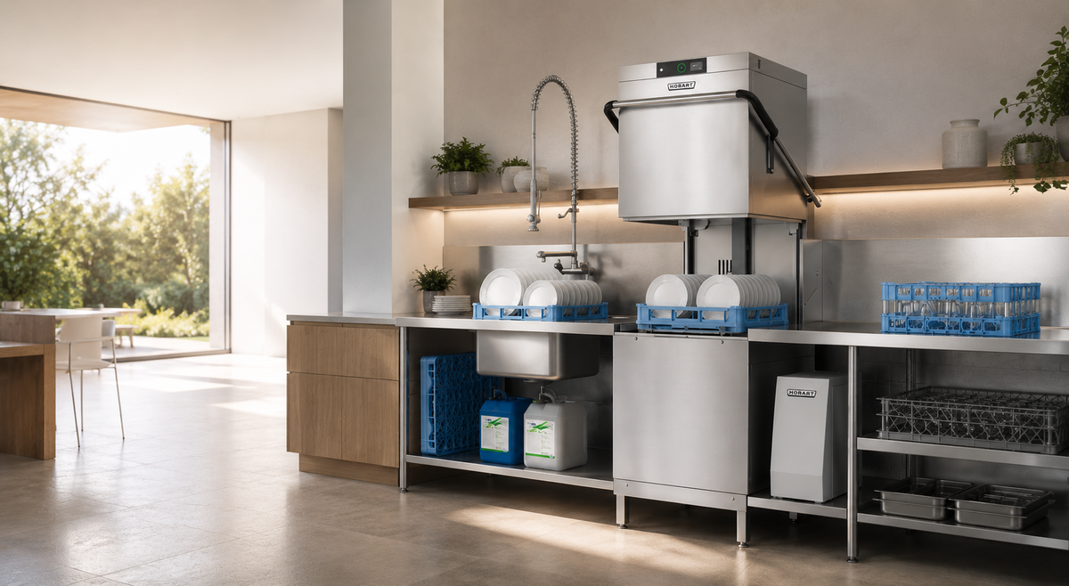 A commercial-grade stainless steel dishwashing and drying system installed in a modern, sunlit kitchen or breakroom. The system includes a sink, a high-arc faucet, a large under-counter dryer with a top-mounted heating unit, and various blue and white dish racks and storage containers.