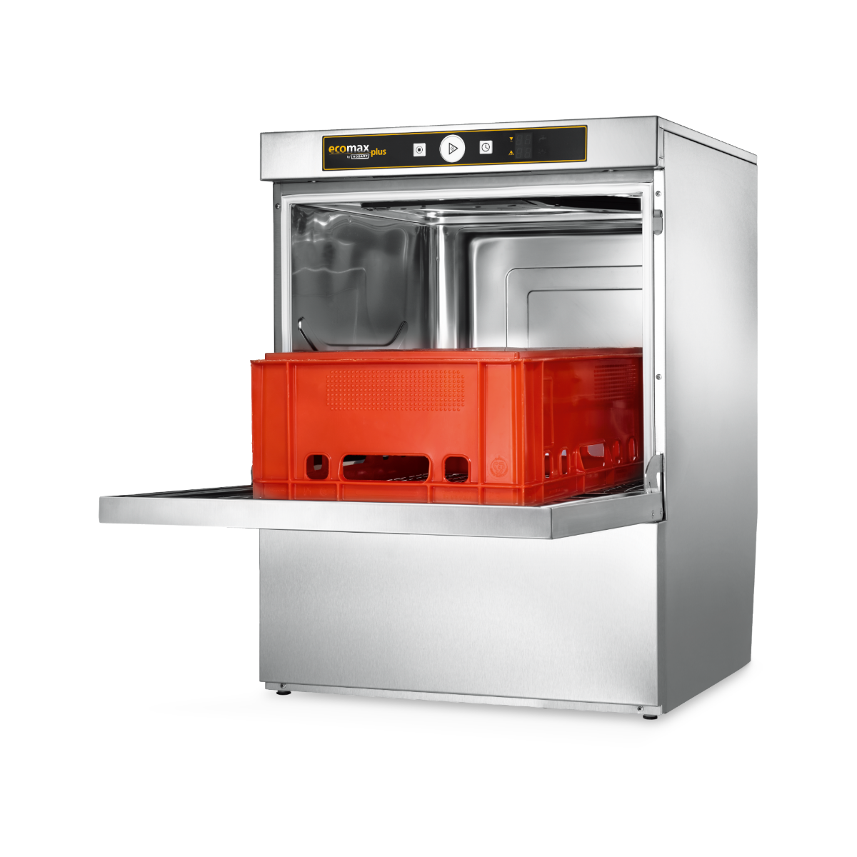Hobart Ecomax Plus F515L Undercounter Dishwasher 500mm Rack | Dishwashers Direct with its door open and a red plastic basket tray loaded inside