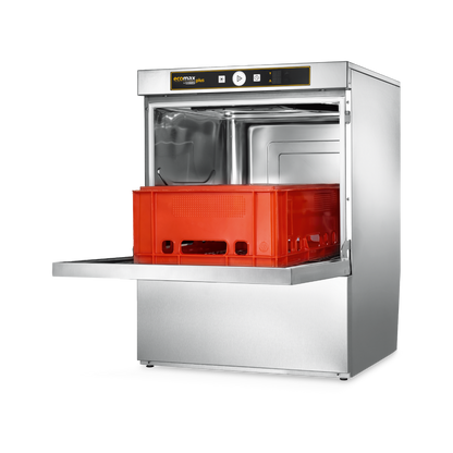 Hobart Ecomax Plus F515L Undercounter Dishwasher 500mm Rack | Dishwashers Direct with its door open and a red plastic basket tray loaded inside