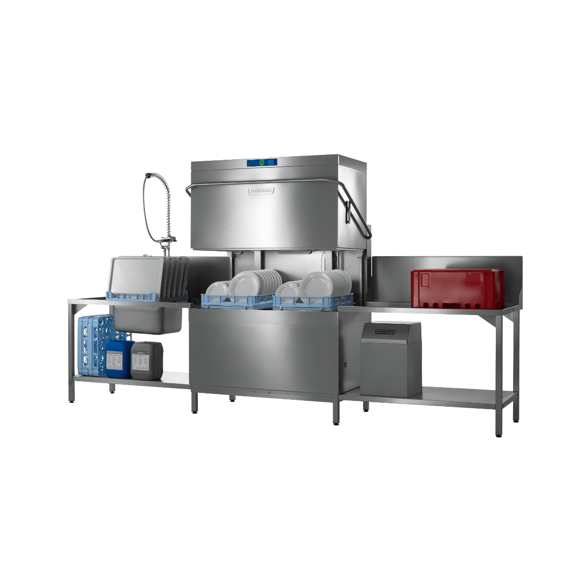 Hobart Profi AMXT Double Rack Passthrough Glass & Dishwasher | Dishwashers Direct and sink station on a stainless steel work table with blue and red storage bins