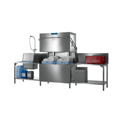 Hobart Profi AMXT Double Rack Passthrough Glass & Dishwasher | Dishwashers Direct and sink station on a stainless steel work table with blue and red storage bins