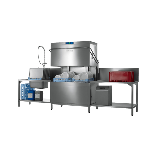 Hobart Profi AMXT Double Rack Passthrough Glass & Dishwasher | Dishwashers Direct and sink station on a stainless steel work table with blue and red storage bins
