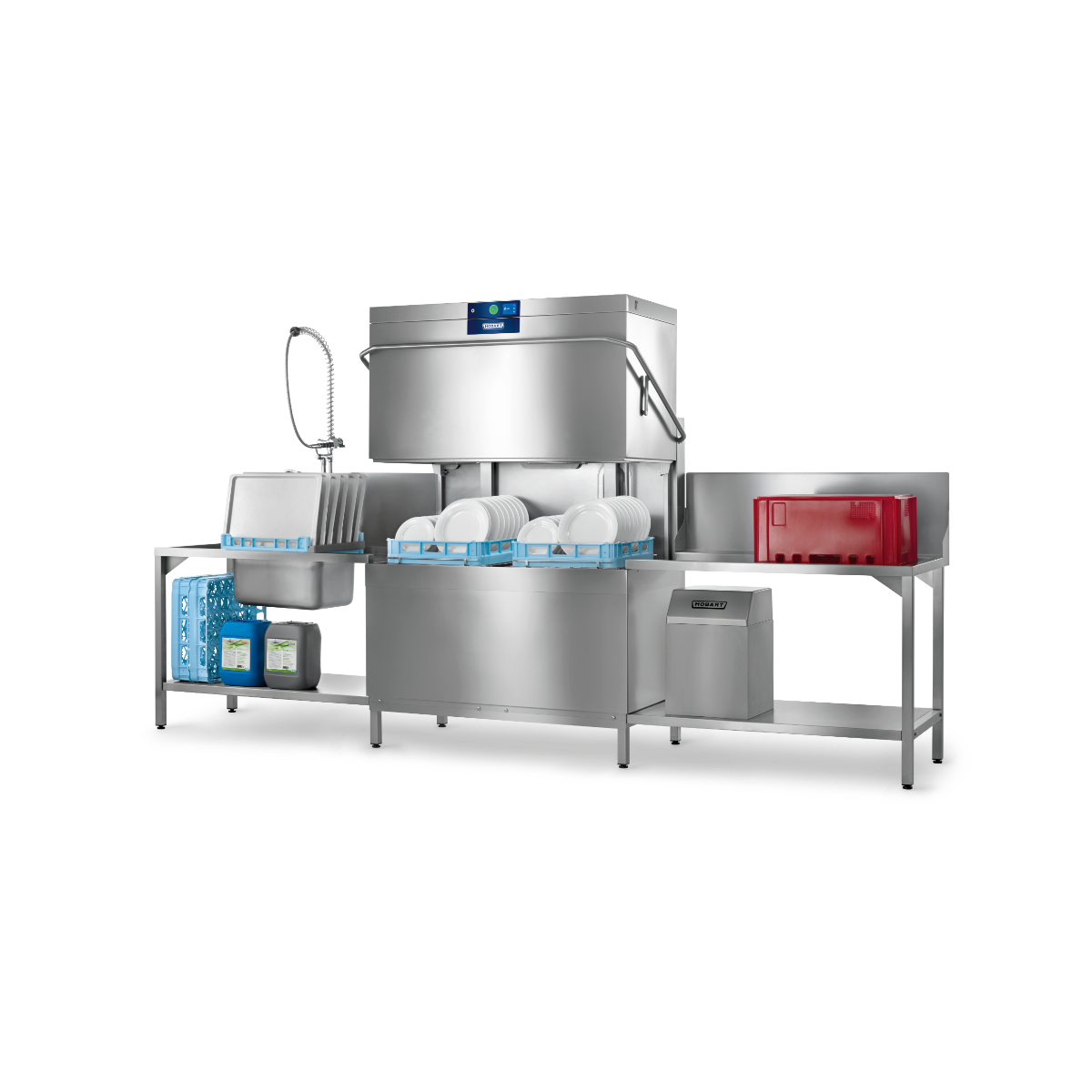 Hobart Profi AMXT Double Rack Passthrough Glass & Dishwasher | Dishwashers Direct and sink station with stainless steel tables, a large washing machine unit, blue dish racks, water containers, and a red storage bin