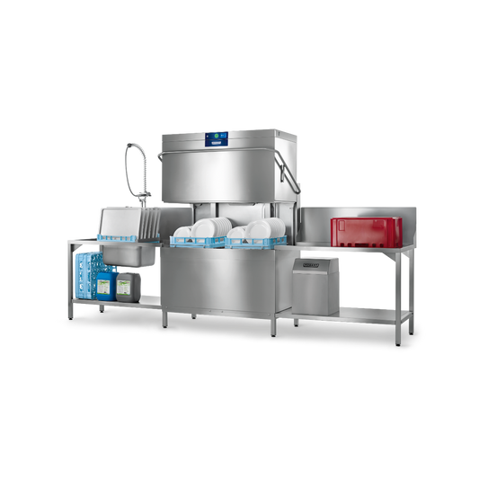 Hobart Profi AMXT Double Rack Passthrough Glass & Dishwasher | Dishwashers Direct and sink station with stainless steel tables, a large washing machine unit, blue dish racks, water containers, and a red storage bin