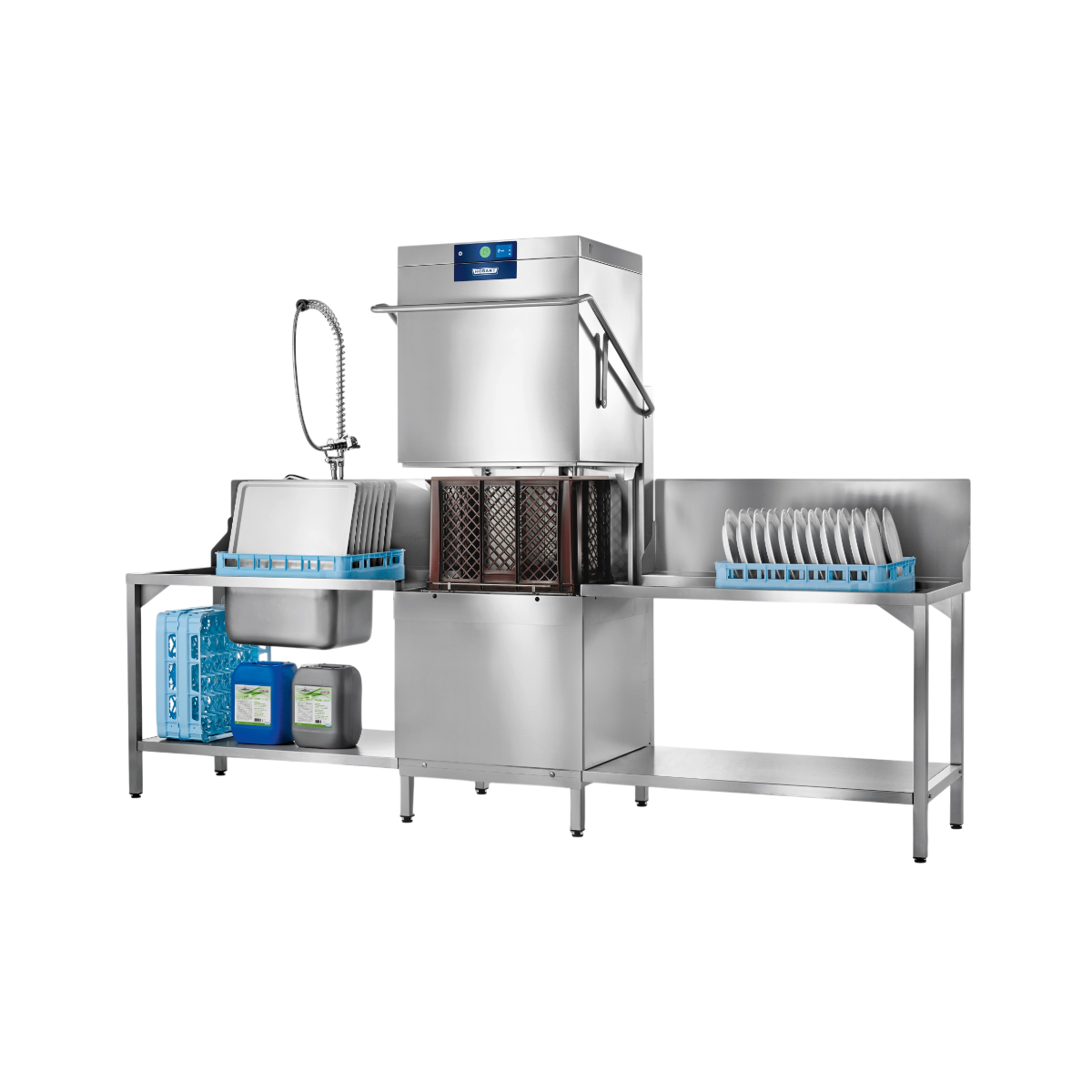 Hobart Profi AMXXL Passthrough Dishwasher 500mm Rack | Dishwashers Direct and dish rack setup on a white background, featuring a central washing unit, side sink area, hanging basket, and blue dish racks holding white plates.