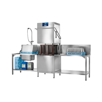 Hobart Profi AMXXL Passthrough Dishwasher 500mm Rack | Dishwashers Direct and dish rack setup on a white background, featuring a central washing unit, side sink area, hanging basket, and blue dish racks holding white plates.