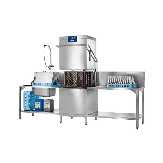 Hobart Profi AMXXL Passthrough Dishwasher 500mm Rack | Dishwashers Direct and dish rack setup on a white background, featuring a central washing unit, side sink area, hanging basket, and blue dish racks holding white plates.