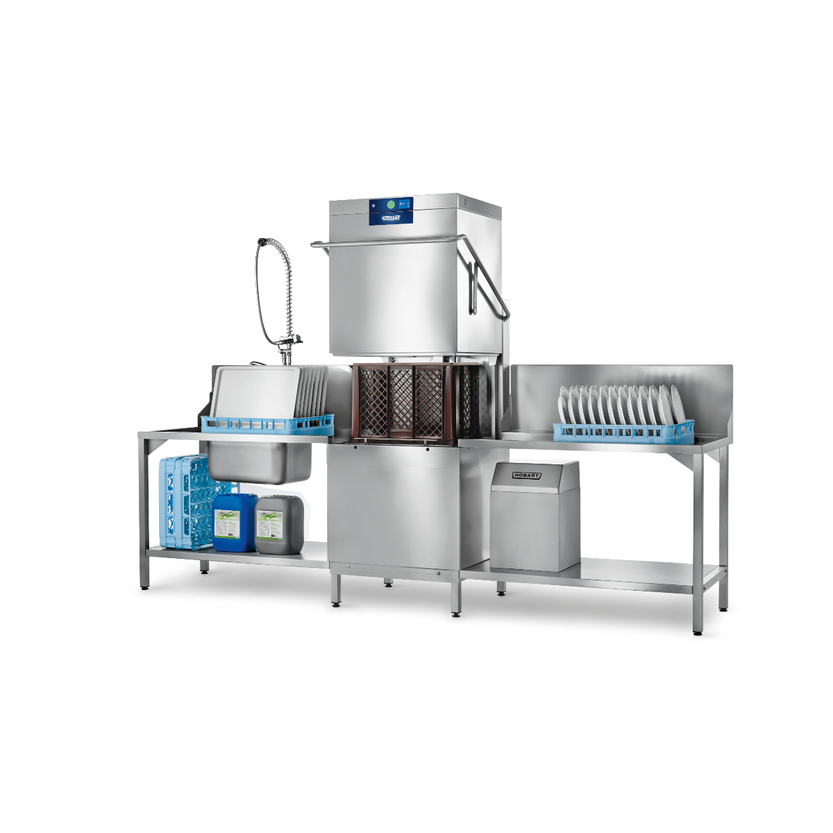 Hobart Profi AMXXL Passthrough Dishwasher 500mm Rack | Dishwashers Direct and drying system with a sink, flexible faucet, basket rack, drying cabinet, and plate holder on a white background.
