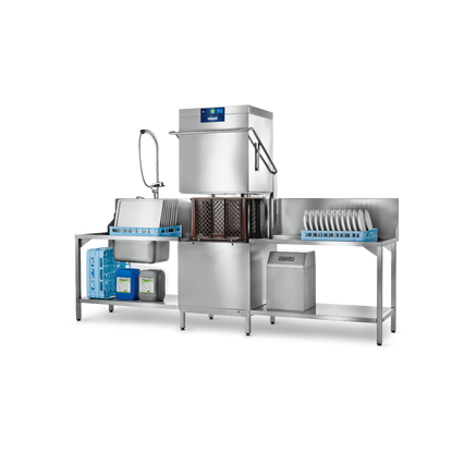 Hobart Profi AMXXL Passthrough Dishwasher 500mm Rack | Dishwashers Direct and drying system with a sink, flexible faucet, basket rack, drying cabinet, and plate holder on a white background.