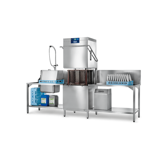 Hobart Profi AMXXL Passthrough Dishwasher 500mm Rack | Dishwashers Direct and drying system with a sink, flexible faucet, basket rack, drying cabinet, and plate holder on a white background.