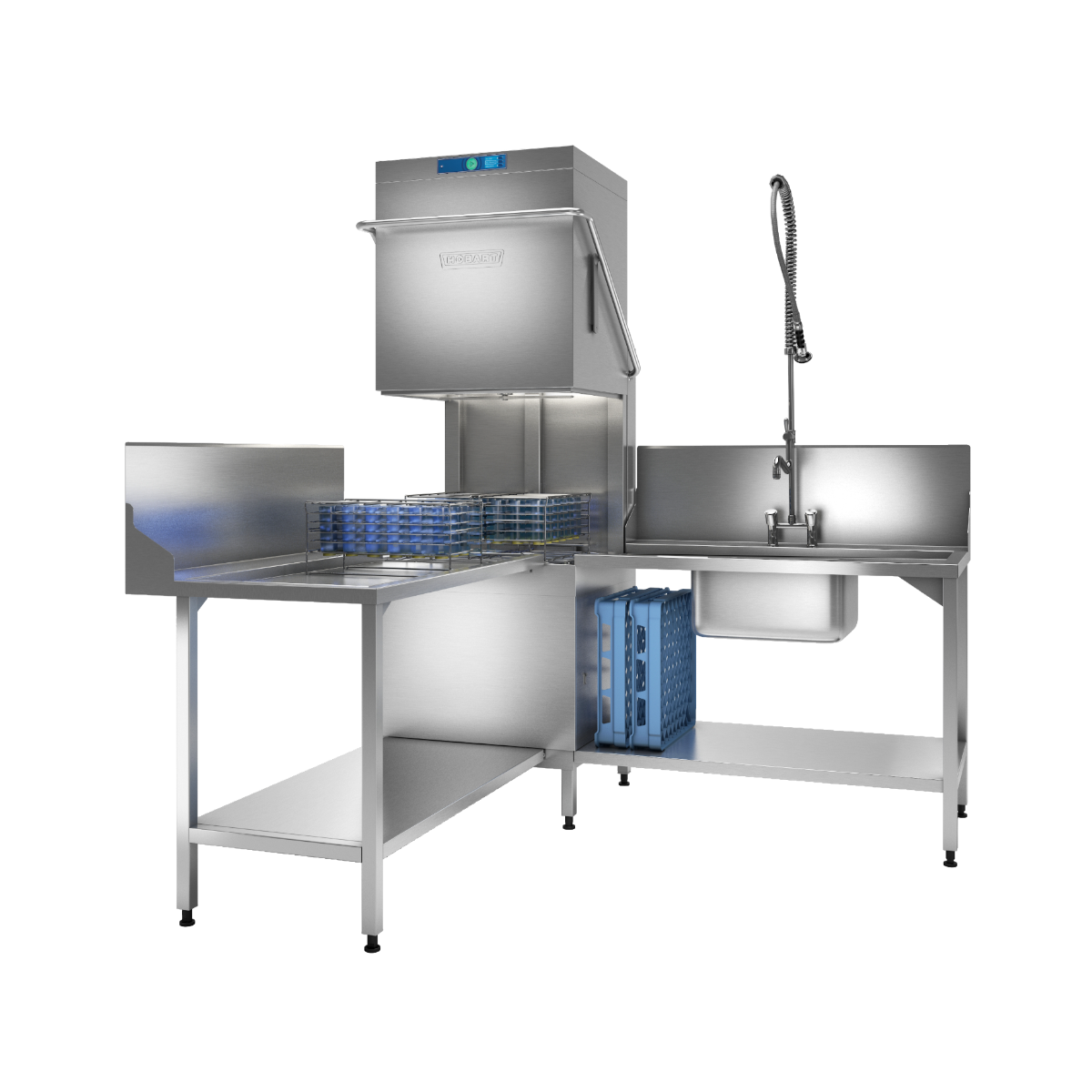 Hobart Profi AMXXL Passthrough Dishwasher 500mm Rack | Dishwashers Direct and washing station equipment with a sink, flexible hose, shelving, and blue plastic trays on a white background.