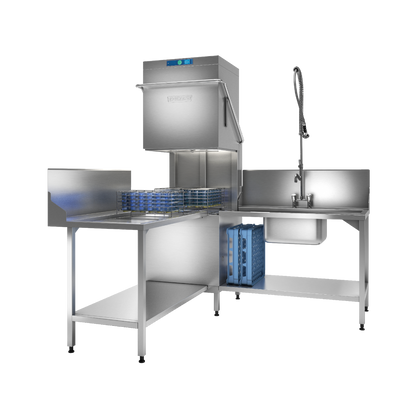 Hobart Profi AMXXL Passthrough Dishwasher 500mm Rack | Dishwashers Direct and washing station equipment with a sink, flexible hose, shelving, and blue plastic trays on a white background.