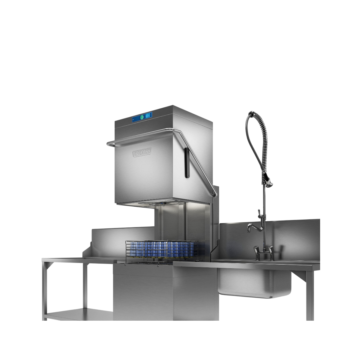 Hobart Profi AMXXL Passthrough Dishwasher 500mm Rack | Dishwashers Direct and rinsing system with an overhead chiller unit, a sink with a flexible gooseneck sprayer, and a lower work table on a plain white background.